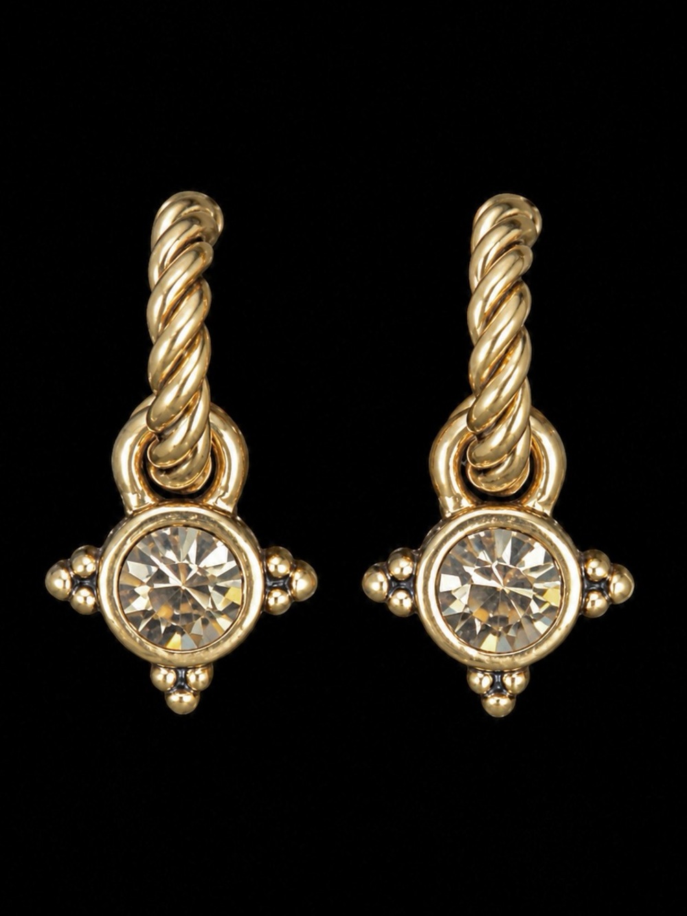 Lia Sophia Gold Tone Twisted Rope Clear Faceted Stone Dangle Earrings